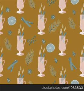 Glasses with mulled wine and pine tree twigs seamless pattern on mustard background. Festive textile, web, wrapping paper, background fill.. Glasses with mulled wine and pine tree twigs seamless pattern on mustard background