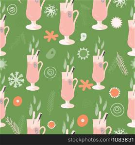Glasses with mulled wine and spices brown silhouette seamless pattern on pink background. Festive textile, web, wrapping paper, background fill.. Glasses with mulled wine and spices brown silhouette seamless pattern on pink background