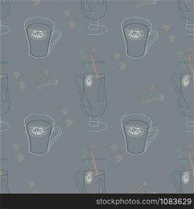 Glasses with mulled wine and spices silhouette seamless pattern on grey background. Festive textile, web, wrapping paper, background fill.. Glasses with mulled wine and spices silhouette seamless pattern on grey background