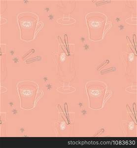 Glasses with mulled wine and spices silhouette seamless pattern on pink background. Festive textile, web, wrapping paper, background fill.. Glasses with mulled wine and spices silhouette seamless pattern on pink background