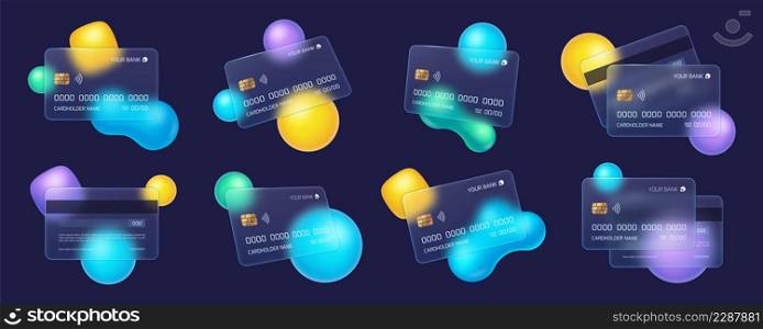 Glassmorphism credit card, frosted glass bank cards with blur effect. Transparent matt plastic debit card with abstract shapes vector set. Illustration of payment card glass template. Glassmorphism credit card, frosted glass bank cards with blur effect. Transparent matt plastic debit card with abstract shapes vector set