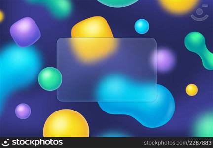 Glassmorphism style frame with colorful abstract background. Transparent frosted glass plate with blurred shapes vector illustration. Transparent blurred shape poster. Glassmorphism style frame with colorful abstract background. Transparent frosted glass plate with blurred shapes vector illustration