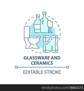 Glassware and ceramics blue concept icon. Waste management service abstract idea thin line illustration. Bottle and dishes reprocessing. Vector isolated outline color drawing. Editable stroke. Glassware and ceramics blue concept icon