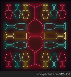 Glassware neon light icon. Restaurant service. Alcohol bar. Port and madeira glasses. Wineglasses. Strong drinks. Glowing sign with alphabet, numbers and symbols. Vector isolated illustration