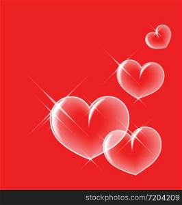 Glassy bubble hearts on red background