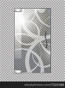 Glassy entrance door with wavy white lines and doorhandle on transparent checkered background. Vector illustration of isolated transparent glass door with decorative elements in flat design.. Glassy Entrance Door on Checkered Background.