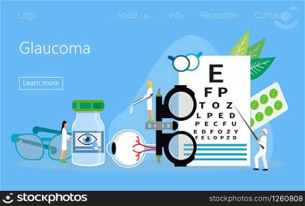 Glaucoma treatment concept vector. Medical ophthalmologist eyesight check up with tiny people character. It can e used for wallpaper, banner, flyer, card, website, landing page.. Glaucoma treatment concept vector. Medical ophthalmologist eyesight check up with tiny people character. It can e used for wallpaper, banner, flyer, card,