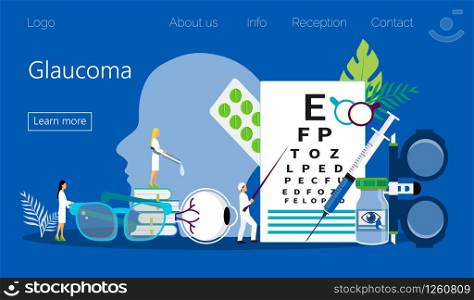 Glaucoma treatment concept vector. Medical ophthalmologist eyesight check up with tiny people character. It can e used for wallpaper, banner, flyer, card, website, landing page.. Glaucoma treatment concept vector. Medical ophthalmologist eyesight check up with tiny people character. It can e used for wallpaper, banner, flyer, card,