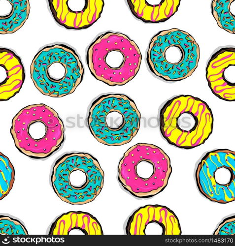 Glazed colored donut seamless pattern pop art style