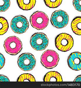 Glazed colored donut seamless pattern pop art style