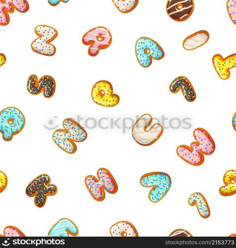 Glazed cookies. Baked biscuits letters, numbers seamless pattern. Sweet bakery print, dessert vector background. Illustration sweet cookie and gingerbread, number and abc. Glazed cookies. Baked biscuits letters, numbers seamless pattern. Sweet bakery print, dessert vector background