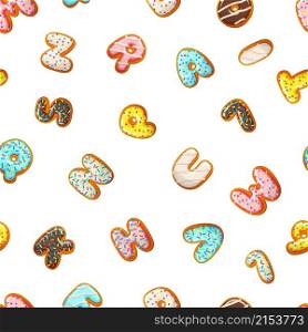 Glazed cookies. Baked biscuits letters, numbers seamless pattern. Sweet bakery print, dessert vector background. Illustration sweet cookie and gingerbread, number and abc. Glazed cookies. Baked biscuits letters, numbers seamless pattern. Sweet bakery print, dessert vector background