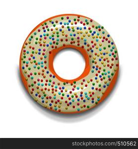 Glazed donut with candies icon in cartoon style on a white background. Glazed donut with candies icon, cartoon style