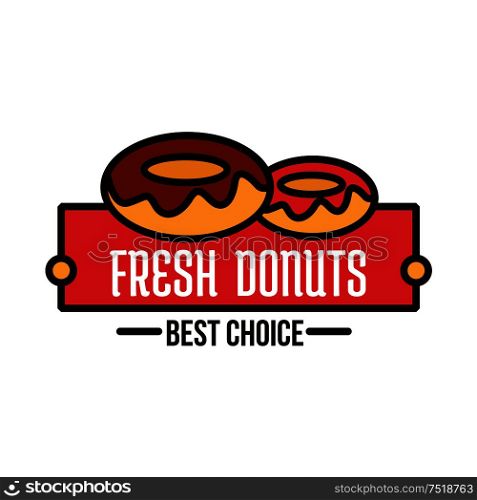 Glazed donuts symbol of linear doughnuts with chocolate and fruity frosting, supplemented by red banner with caption Best Choice. Donut shop, bakery or cafe design template for food packaging. Donuts linear symbol for cafe and bakery design