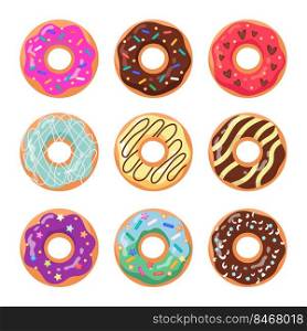 Glazed doughnuts flat vector illustrations set. Trendy donuts pattern, sweet circle orange cakes from dough with chocolate cream isolated on white background. Food, bakery, desserts, pastry concept