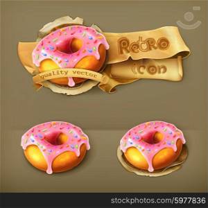 Glazed ring doughnut, retro vector icon
