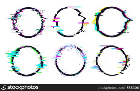 Glitch circle frame effect, circle glitch collection modern, digital tv geometric form and shape. Vector illustration. Glitch circle frame effect, circle glitch collection