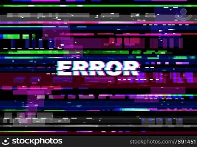 Glitch error screen, VHS video problem, color pixels and lines, noise background. vector no signal glitched error, random pixelized colorful backdrop. Vintage digital distortion, messy noisy pattern. Glitch error screen, VHS video problem background
