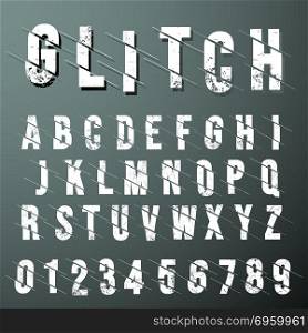 Glitch font alphabet template. Set of grunge numbers and letters. Vector illustration. Glitch font alphabet template. Glitch font alphabet template