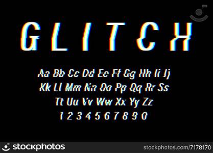 Glitch font on black background. Alphabet letters with numbers in Glitch design. Trendy style distorted glitch typeface. Letters and numbers. Eps10. Glitch font on black background. Alphabet letters with numbers in Glitch design. Trendy style distorted glitch typeface. Letters and numbers