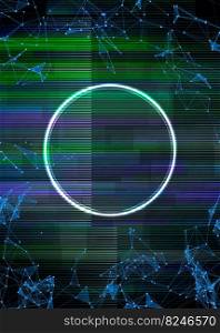Glitch frame with technology error and neon circle