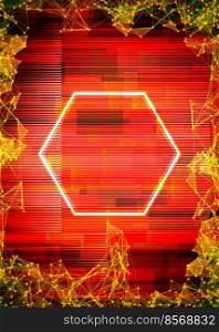 Glitch frame with technology error and neon hexagon