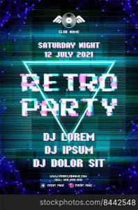 Glitch party poster with blue background and triangle for retro wave rave club nights. Advertising leaflet or flyer with modern electronic music dance party