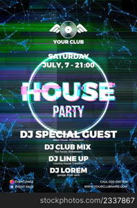 Glitch party poster with green background and circle for House rave club nights. Advertising leaflet or flyer with modern electronic music dance party