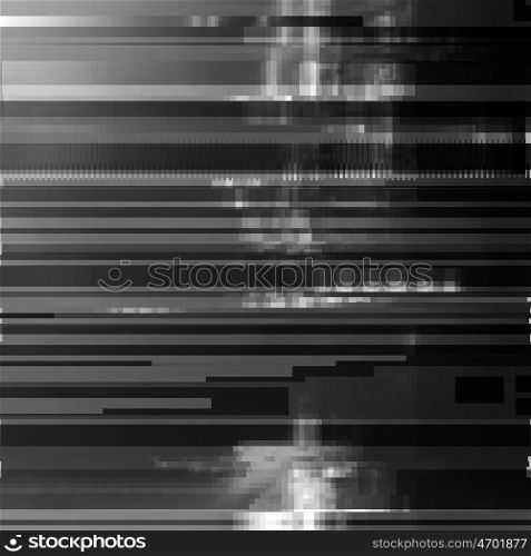 Glitched abstract vector background made of black color pixel mosaic. Digital decay, signal error, television signal fail. Colorful trendy design for print poster, brochure cover, website and other design projects.