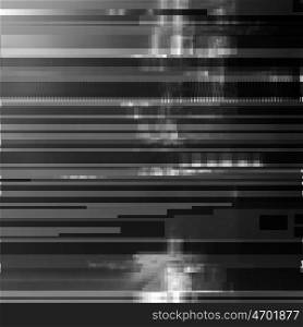 Glitched abstract vector background made of black color pixel mosaic. Digital decay, signal error, television signal fail. Colorful trendy design for print poster, brochure cover, website and other design projects.