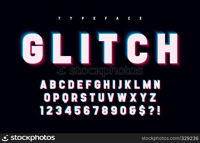 Glitched glowing display font design, alphabet, typeface, letters and numbers, typography. Swatches color control. Glitched glowing display font design, alphabet, typeface