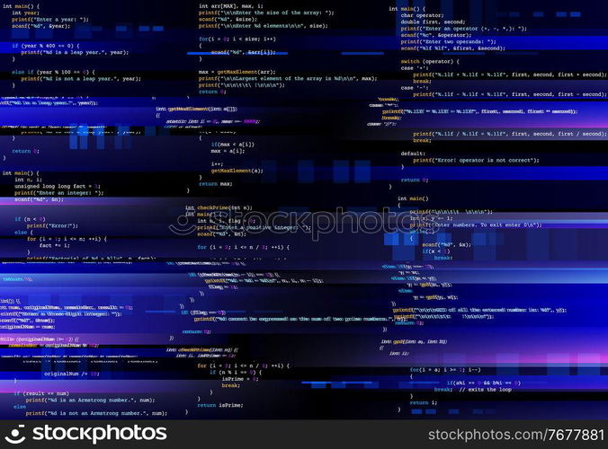 Glitching computer screen, glitch programming code. Virtual environment, programm function failure and data loss, critical code mistake, hacker attack or hardware malfunction concept vector background. Computer screen, glitch in programming code