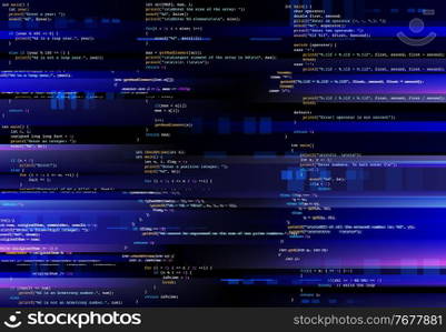 Glitching computer screen, glitch programming code. Virtual environment, programm function failure and data loss, critical code mistake, hacker attack or hardware malfunction concept vector background. Computer screen, glitch in programming code