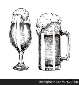 Glitter ale goblets and foamy beer graphic art, vector illustration of glassy utensil isolated on white background, frothy alcohol drinks in glasses. Glitter Ale Goblets and Foamy Beer Graphic Art