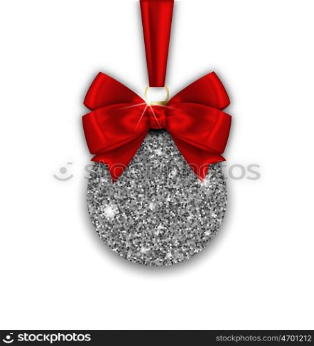 Glitter Christmas Ball and Red Bow Ribbon with Silver Surface. Illustration Glitter Christmas Ball and Red Bow Ribbon with Silver Surface on White Background - Vector
