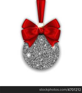 Glitter Christmas Ball and Red Bow Ribbon with Silver Surface. Illustration Glitter Christmas Ball and Red Bow Ribbon with Silver Surface on White Background - Vector