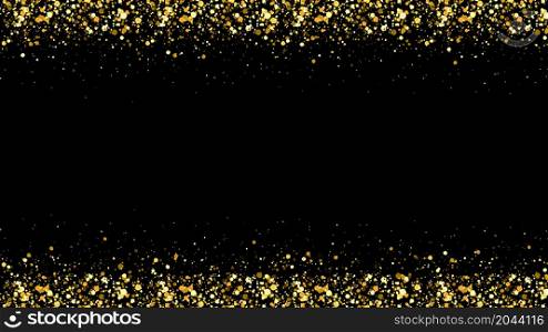 Glitter christmas border. Gold glowing sparkle frame on empty black background