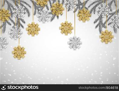 Glitter gold and silver snowflakes and fir tree branches, Merry Christmas Happy New Year background, vector illustration