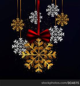 Glitter gold and silver snowflakes, Merry Christmas Happy New Year design, vector illustration