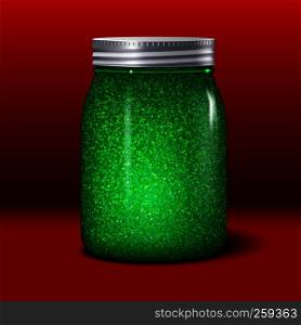 Glitter jar. Realistic object with green sparkles