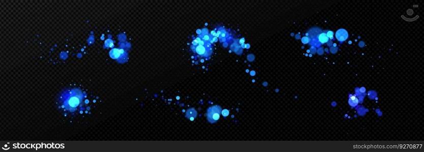 Glitter light effect with blur and bokeh. Abstract background with blue sparkles flares. Overlay effect of magic glow, snow or shine isolated on transparent background, vector realistic set. Glitter light effect with blur and bokeh