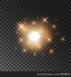 Glittering golden star light sparks. Glowing and sparkling particles dispersing on transparent background. Glittering golden star light sparks