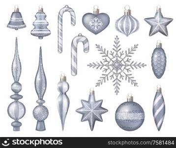 Glittering silver christmas tree toys set with bell star bauble snowflake heart cone isolated on white background realistic vector illustration