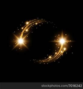 Glittering star dust, circle of lights, stars on black background, graphic concept for your design, light rffect, golden color. Glittering star dust, circle of lights, golden color