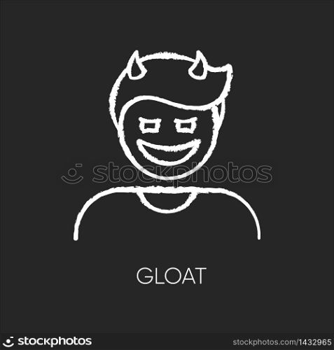 Gloat chalk white icon on black background. Evil smile. Bad attitude. Vicious smirk. Scary person. Negative feeling. Devil facial expression. Isolated vector chalkboard illustration. Gloat chalk white icon on black background