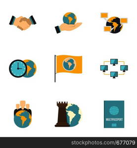 Global agreement icon set. Flat set of 9 global agreement vector icons for web isolated on white background. Global agreement icon set, flat style