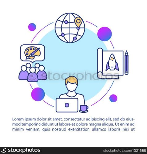 Global artist community concept icon with text. International communication and collaboration on project. PPT page vector template. Brochure, magazine, booklet design element with linear illustrations