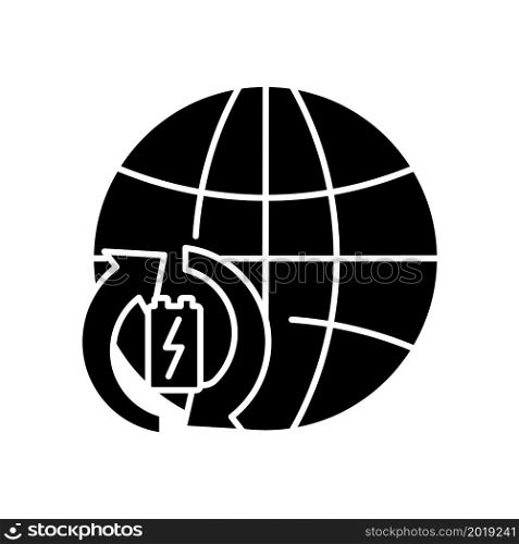 Global battery recycling black glyph icon. Accumulators reuse. Earth protection. Worldwide processing activity. Rational resource usage. Silhouette symbol on white space. Vector isolated illustration. Global battery recycling black glyph icon