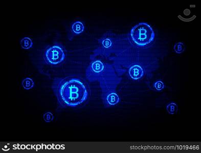 Global bitcoin crypto currency, blockchain Technology world map