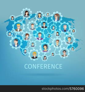 Global business conference concept with world map and people in gears connected vector illustration. Business Conference Concept